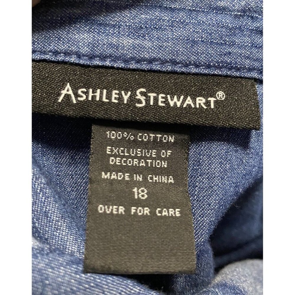 Ashley Stewart Chambray Size 18 Button Down Hi Lo Shirt Rodeo Farm Western Trim - Picture 8 of 11